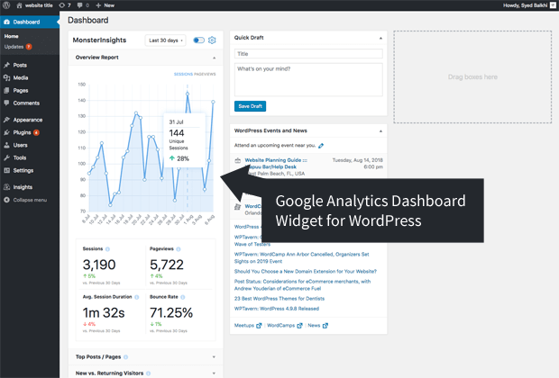 WordPress dashboard Google analytics
